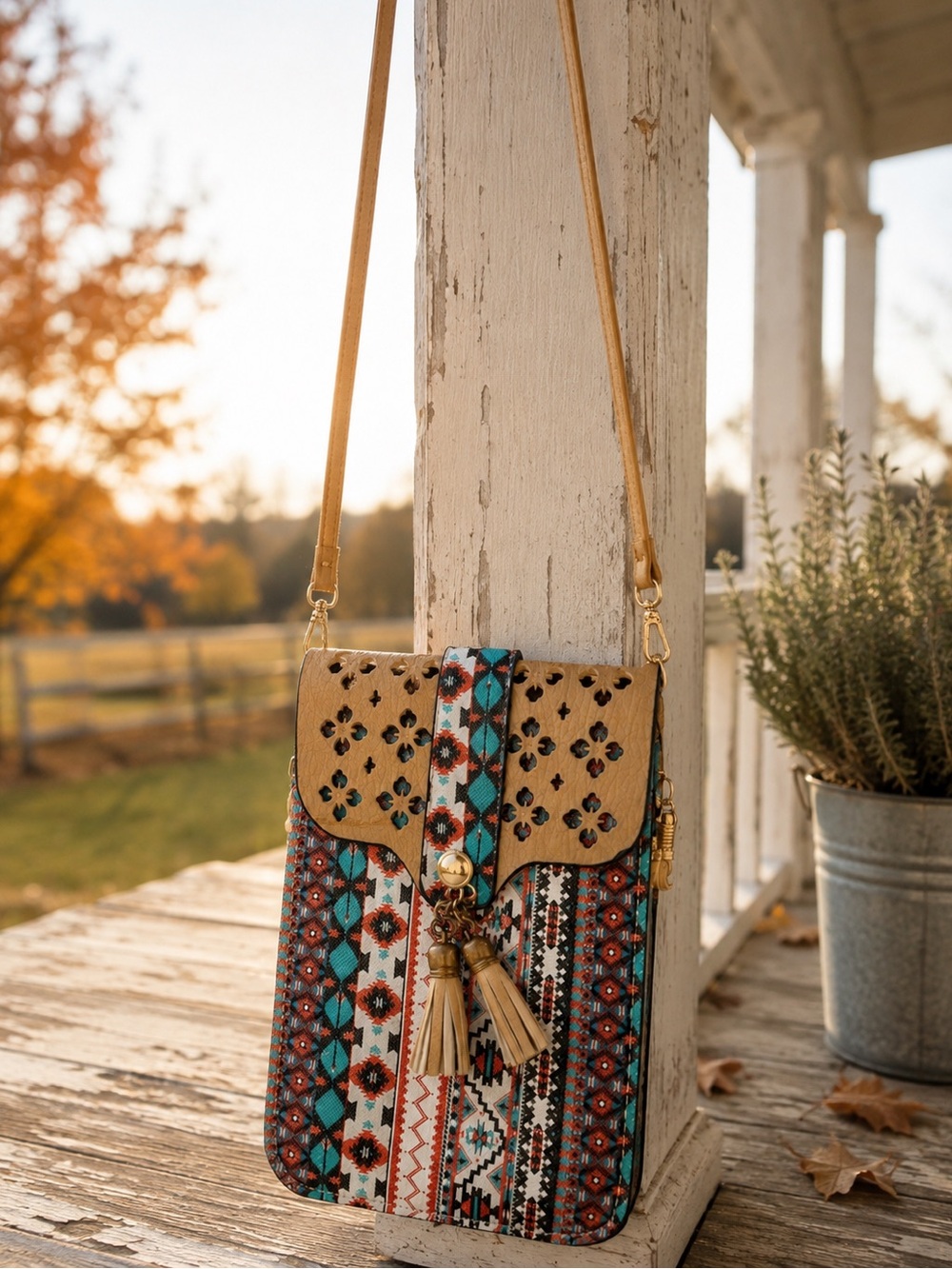 Boho Aztec Phone Crossbody Bag Southwestern Tassel Festival Purse Tan